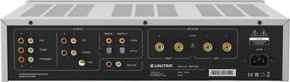Ampli hi-fi Unitra WSH-605 sølv, metallchassis, bakside med RCA, koaksial/optisk, høyttalerterminaler, IEC-stikkontakt