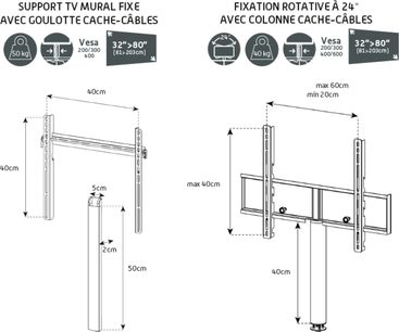 Schémas techniques avec dimensions d'un support TV mural fixe et d'une fixation rotative à 24° pour écrans de 32 à 80 pouces