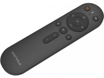 Svart EverSolo BTR-12 fjernkontroll, oransje og svarte knapper, avlang avrundet form, tynn og ergonomisk