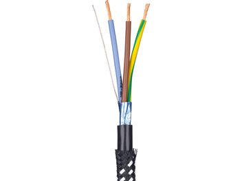 Strømkabel AC-2502F 3 x 2,5 mm², svart flettet kappe, avisolerte kobberledere i blå, brun, gul-grønn, sølvskjerming