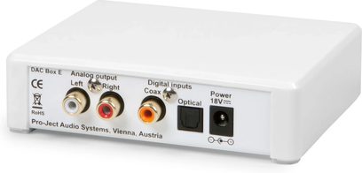 Аудио конвертор DAC Pro-Ject Dac Box E черен, изглед отпред, аналогови и цифрови входове, бутон за захранване