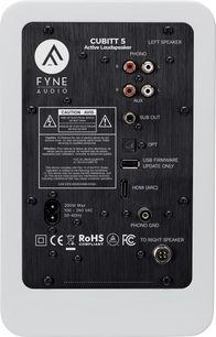 Verbonden luidspreker Fyne Audio Cubitt 5 wit, achteraanzicht met zwart paneel, phono-, AUX-, HDMI ARC- en USB-ingangen