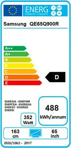 Energimærke for en Samsung QE65Q900R-tv, der angiver energiklasse D og et årligt energiforbrug på 488 kWh