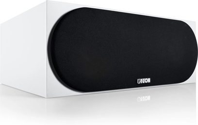 Λευκή κεντρική ηχόμπαρα Canton GLE 50 Center S2, μαύρο μπροστινό πάνελ με οβάλ υφασμάτινη γρίλια και ασημί λογότυπο, λήψη υπό γωνία