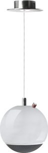 Chrome ceiling support with rod and suspended white sphere, Elipson Planet M speaker