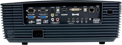 Optoma EX785 ProScreen sort videoprojektor, set forfra, bagpanel med HDMI-, VGA-, lyd- og USB-porte
