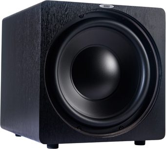 Velodyne Deep Blue 15 sort baskabin, set forfra, sort rund højttaler i mørkt træhus