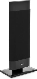 Kompakt Klipsch Gallery G-16 højttaler i sort, set forfra, vertikal rektangulær form, blank sort rektangulær base