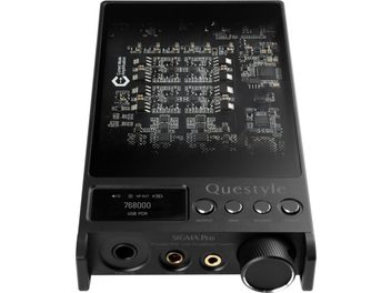 Black Questyle SIGMA Pro portable DAC with transparent top revealing circuits, front screen, buttons, headphone outputs and volume knob