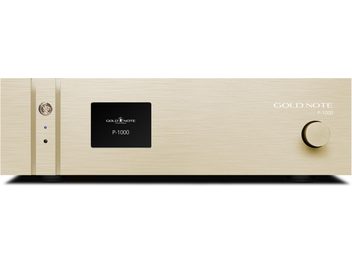Preamplificatore stereo Gold Note P-1000 con pannello frontale in oro spazzolato, schermo nero centrale e grande manopola del volume a destra