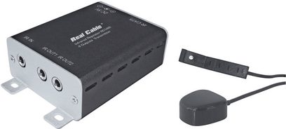 Trådløs sender Real Cable RC14IR med 4 RJ45-porte, 1 strømport og 1 infrarød sensor, set forfra