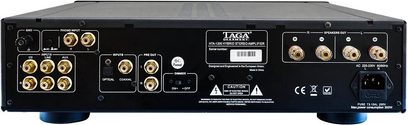 Hi-fi lampový zesilovač Taga Harmony HTA-1200 černý, pohled zepředu, 8 elektronek, 4 vstupy, 2 výstupy, ovládací knoflíky a přepínače
