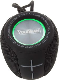 Bluetooth-højttaler Yourban Getone 25 sort, set fra oven, oval form, tekstureret overflade, grå plus- og minusknapper, grønt lysende ring