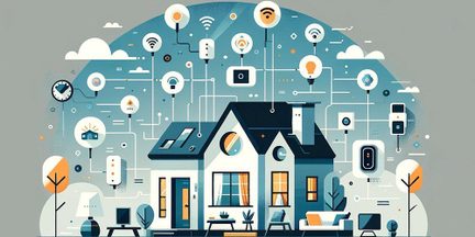 Illustrazione di una casa intelligente con vari dispositivi smart, icone di rete e simboli tecnologici