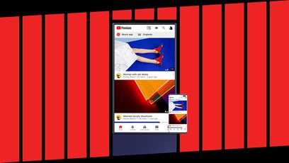 Samsung The Sero QE43LS05T-tv, der viser et abstrakt billede af røde sko på en blå og hvid baggrund