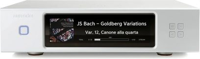 Lettore audio di rete Aurender N20 argento, vista frontale con ampio display a colori e pulsanti di controllo