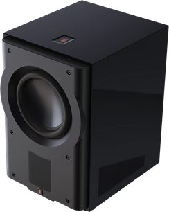 Bassbox R210s, Perspektivansicht, rechteckiges schwarzes Gehäuse, runder Lautsprecher an der Front, perforiertes unteres Gitter