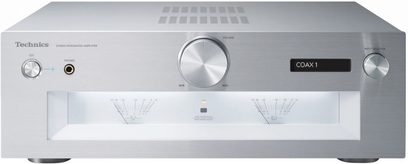 Amplificator hi-fi stereo Technics SU-G700M2E-S argintiu, vedere frontală, față cu butoane, rotițe, afișaj și mufe pentru căști și coaxială