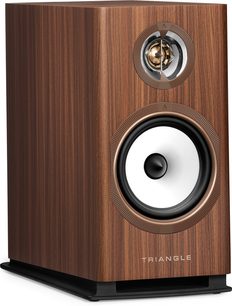 Diffusore da scaffale Triangle Solstice 3 teak, vista frontale con finitura in legno teak, altoparlante bianco e tweeter dorato