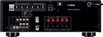 Sort Yamaha RX-V479 hjemmebiograf-forstærker, frontpanel med audio/video-stik, knapper og display