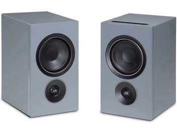 Paire d'enceintes PSB iQ2 gris granite, format bibliothèque avec grand woofer noir et fente sur le dessus
