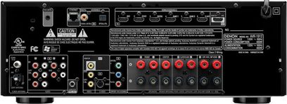 Denon AVR-1912 sort audio-video-forstærker, set bagfra, lyd- og videotilslutninger, stik og justeringsknapper
