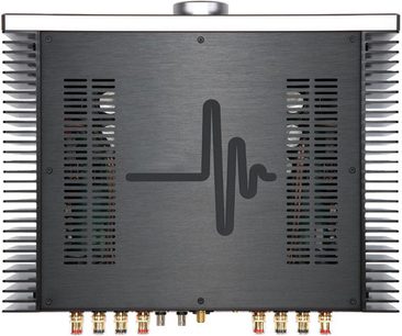 Perreaux Eloquence 250i stereo hi-fi forstærker, set forfra, børstet sort front med logo, knapper og stik i forsølvet finish