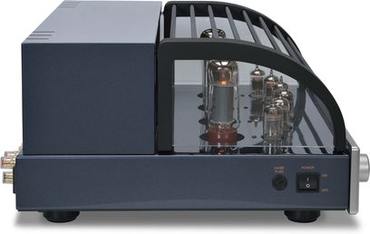 PrimaLuna Evo 300 sudraba integrētais vakuuma lampu pastiprinātājs, skats no priekšpuses, atvērts vāks atklāj vakuuma lampas un iekšējās sastāvdaļas
