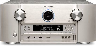 Ampli home-cinéma Marantz SR7015 argent doré, vue de face, affichage "Blu-ray Dolby Atmos", boutons et prises en façade