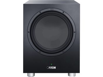 Canton Power Sub 10 S2 sort subwoofer, set forfra, stor rund højttalerenhed og sølvfarvede metalfødder
