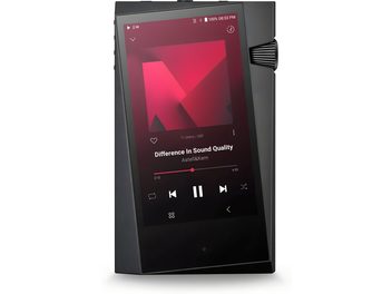 Astell&Kern SR35 audiofiilne muusikamängija söehalli värviga, sisselülitatud ekraan kuvab erksalt punast kasutajaliidest