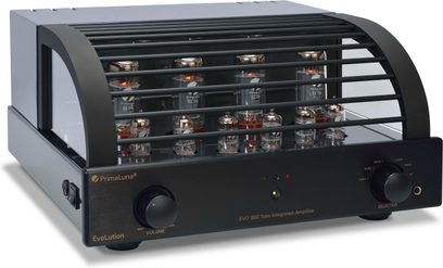 Amplificatore hi-fi a valvole PrimaLuna Evo 300 integrato nero, vista frontale, 12 valvole sulla parte superiore, pannello frontale nero con manopole e selettore