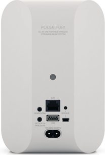 Trådløs, tilsluttet højttaler Pulse Flex hvid BlueSound, set forfra, bagfra med tilslutninger, afrundet form, mat hvid finish