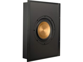 Klipsch PRO-1000SW fekete mélyhangszóroló doboz, előlről nézve, arany színű hangszóró a közepén, leválasztható fekete rács