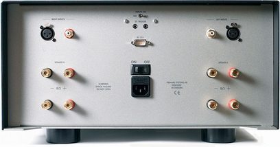 Primare A32 metallic gray power amplifier, front view, showing front panel with connectors and controls