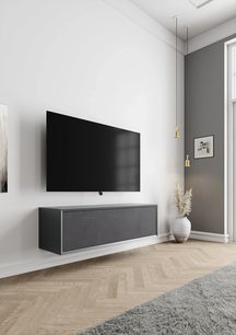 audio-video-møbel Clic TV Series Model TV77" 2S væghængt mørkegrå, front i stof, trekvartsvinkel visning
