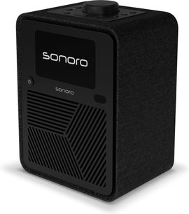 Sonoro Atron anthracite and black tabletop radio, front display, geometric grille and top dial