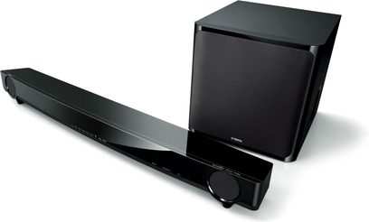 Yamaha YAS-201 sort soundbar og matchende basrør, set forfra og i trekvartperspektiv, på hvid baggrund