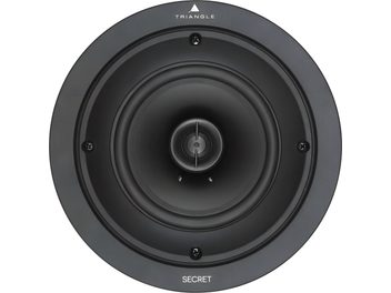 Caixa acústica embutida Triangle Secret, vista frontal, grelha preta fosca, tweeter central, 4 parafusos de fixação visíveis