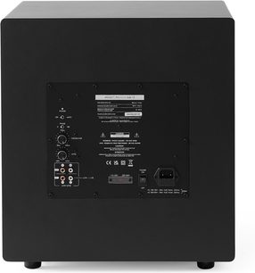 Subwoofer Elipson Premium Sub 12 v černé barvě, černá matná dřevěná skříň, pohled zezadu, panel s RCA konektory, ovládacími tlačítky a IEC zásuvkou