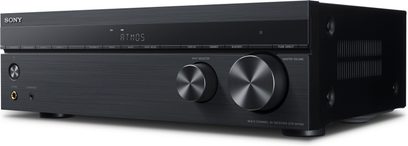Sony STR-DH190, trekvartsvy framifrån, svart hölje, 2 stora runda knappar, digital skärm, flera portar på framsidan