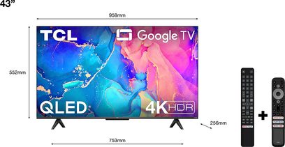 TCL 43QLED760 2022 43" 4K HDR-TV, frontvisning, tændt skærm der viser et farverigt billede, med fjernbetjening