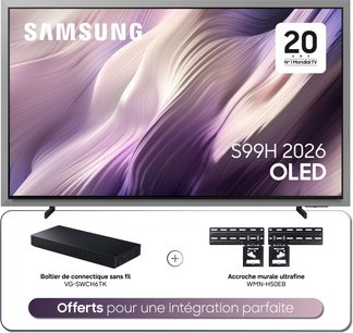 Televizor Samsung S99H 2026 OLED s tenkou obrazovkou s černými rámečky, bezdrátovým boxem a ultratenkým nástěnným držákem