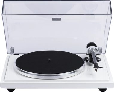 Platine vinyles hi-fi EAT European Audio Team B-Sharp blanc, vue de face, couvercle transparent, plateau noir, bras argenté