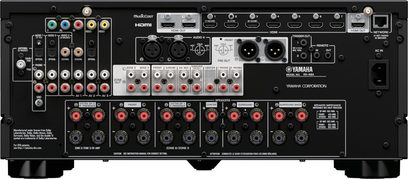 Yamaha RX-A6A fekete házimozi erősítő, elölnézet, számos audio/video csatlakozóval, gombokkal és tekerőszabályzókkal