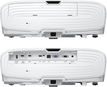 Epson EH-TW9400W hvid videoprojektor, set forfra og bagfra, tilslutningsporte på bagsiden