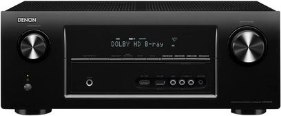 Denon AVR-2313 sort hjemmebiografsforstærker, sort front, blå display, sølvfarvede knapper og drejeknapper, 2 hovedtelefonstik