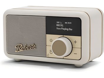 Roberts Revival Petite 2 cream smart speaker, synthetic casing, perforated grille, screen, dial, 3/4 front view