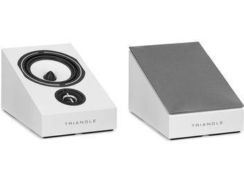 Altavoces Triangle, dos vistas: frontal con altavoz negro y logotipo, superior gris con altavoz negro central