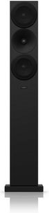Amphion Helium 520 sort gulvhøjttaler, set forfra, 3 runde højttalerenheder placeret lodret på mat sort front